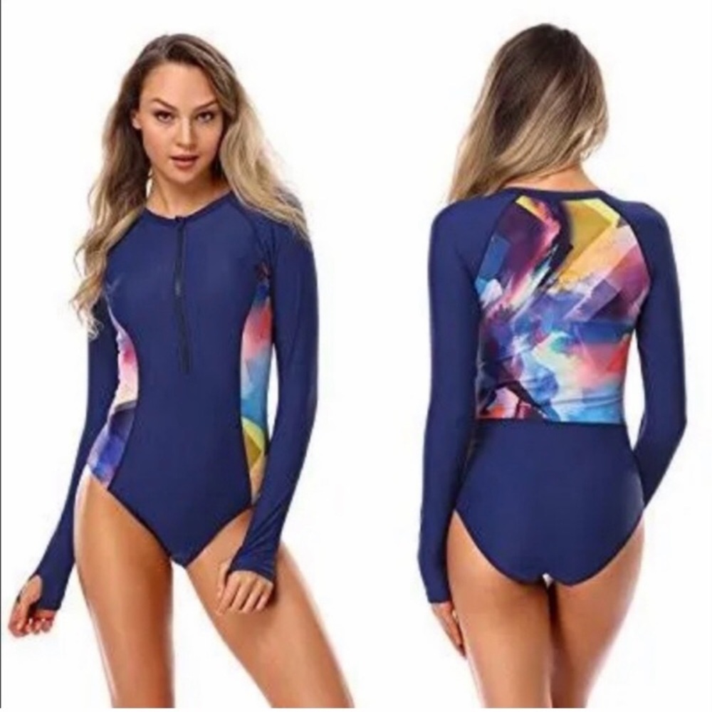 New  AXESEA Blue multicolor Long Sleeve rush guard surfing swimsuit size 6